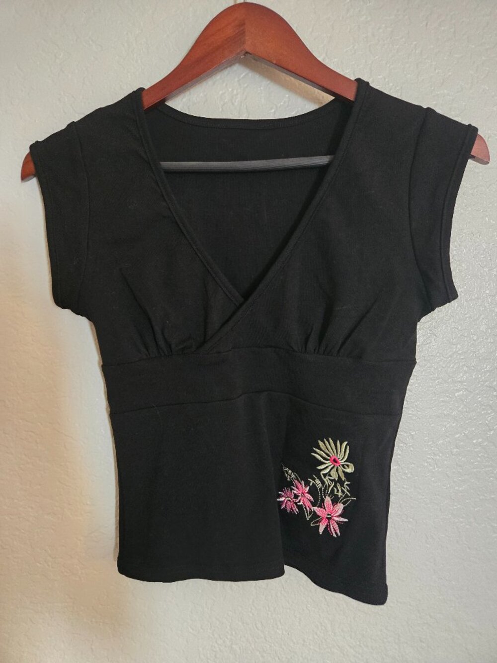 Black Embroidered Floral V Neck Top